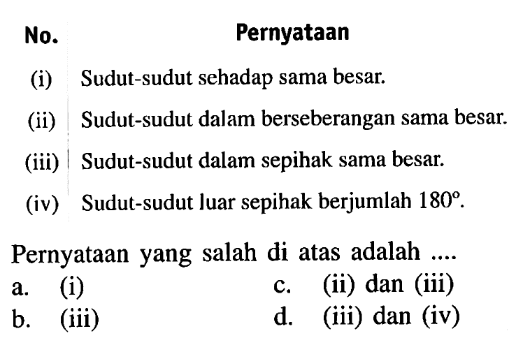 No. Pernyataan(i) Sudut-sudut sehadap sama besar.(ii) Sudut-sudut dalam berseberangan sama besar.(iii) Sudut-sudut dalam sepihak sama besar.(iv) Sudut-sudut luar sepihak berjumlah 180.Pernyataan yang salah di atas adalah ...a. (i)c. (ii) dan (iii)b. (iii)d. (iii) dan (iv)