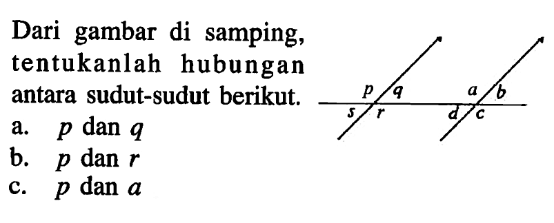 Dari gambar di samping, tentukanlah hubungan antara sudut-sudut berikut.a. p dan q b. p dan r c. p dan a 