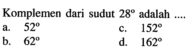 Komplemen dari sudut 28 adalah ....