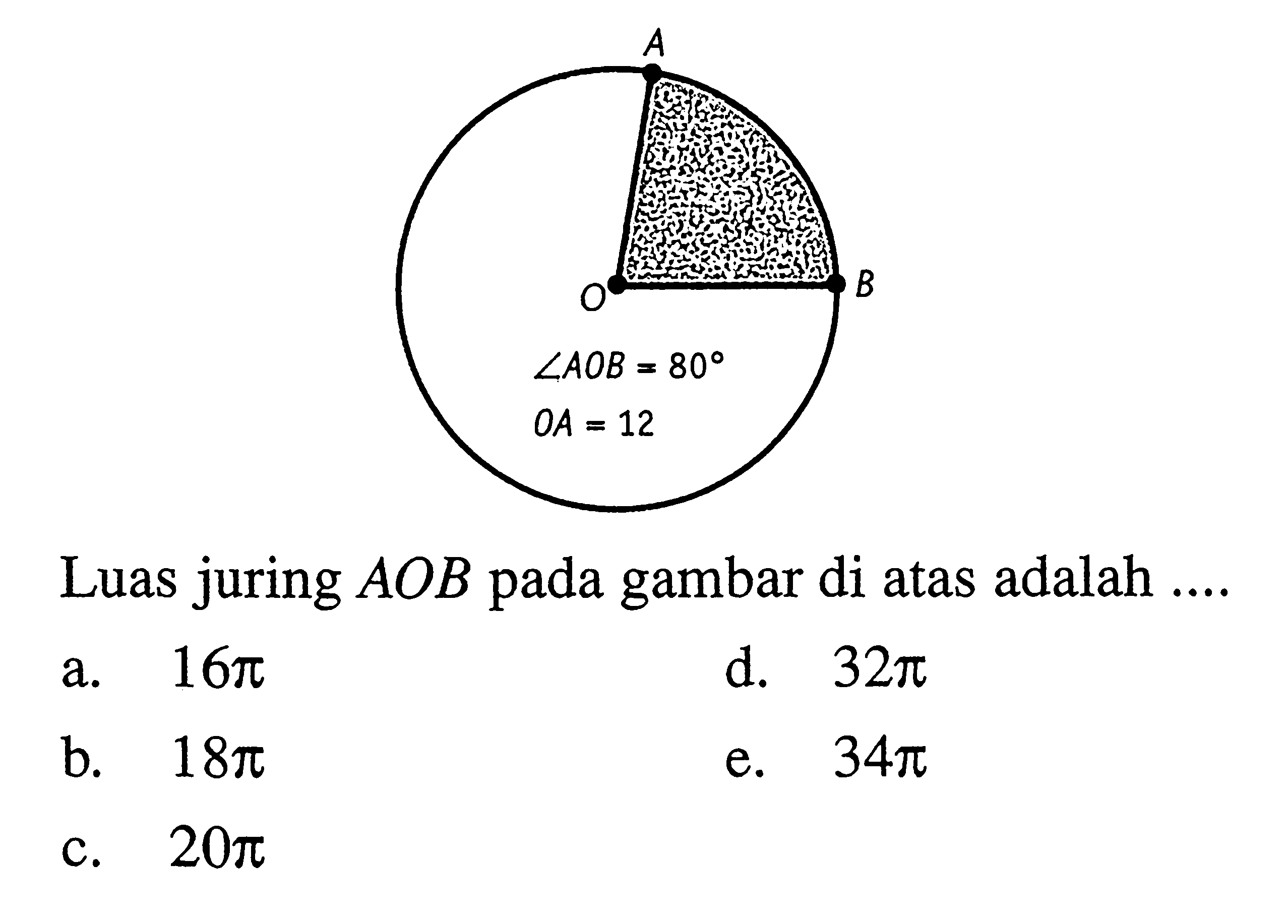 sudut AOB=800A=12Luas juring  AOB  pada gambar di atas adalah ....