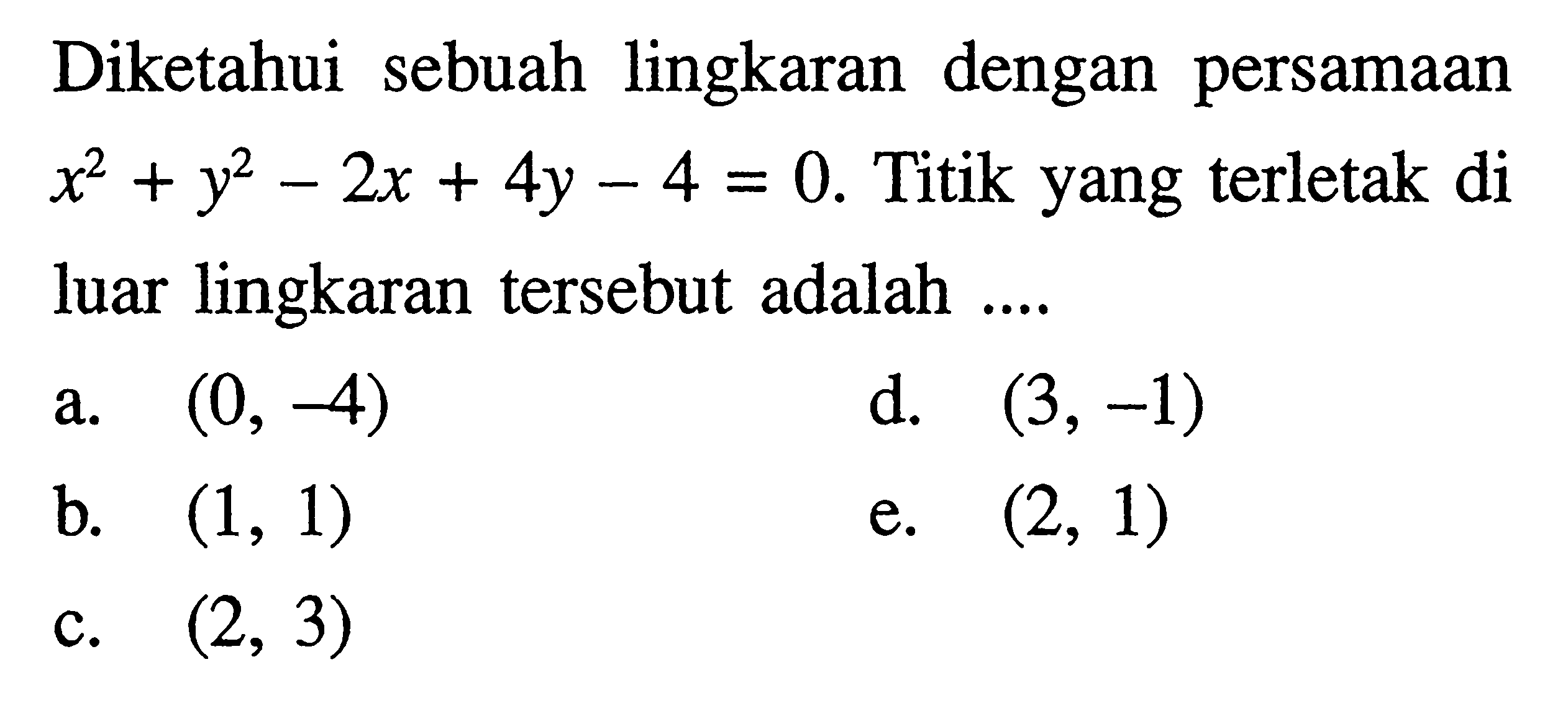 Diketahui sebuah lingkaran dengan persamaan x^2+y^2-2x+4y-4=0. Titik yang terletak di luar lingkaran tersebut adalah ....