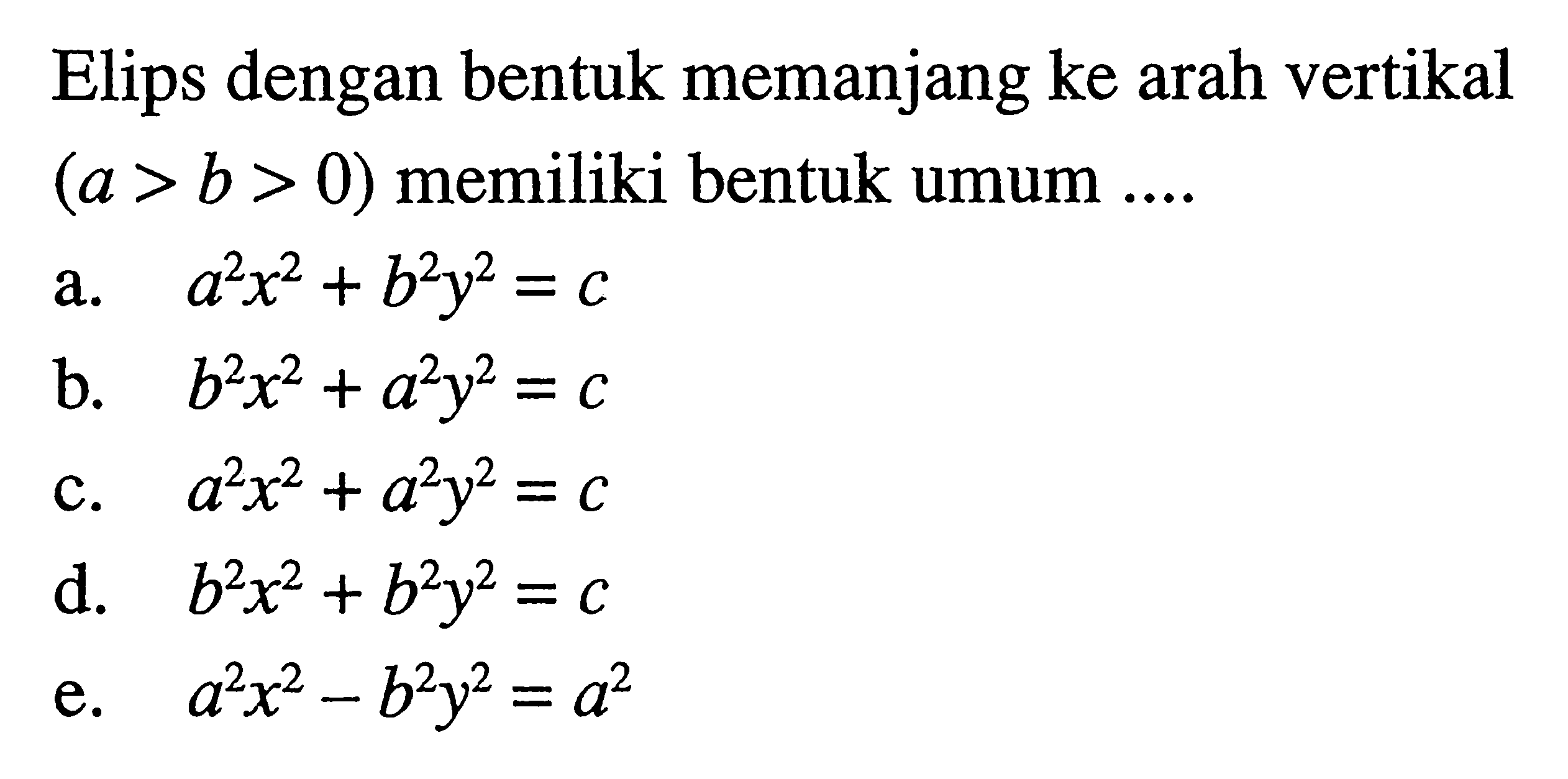 Elips dengan bentuk memanjang ke arah vertikal (a>b>0) memiliki bentuk umum ...