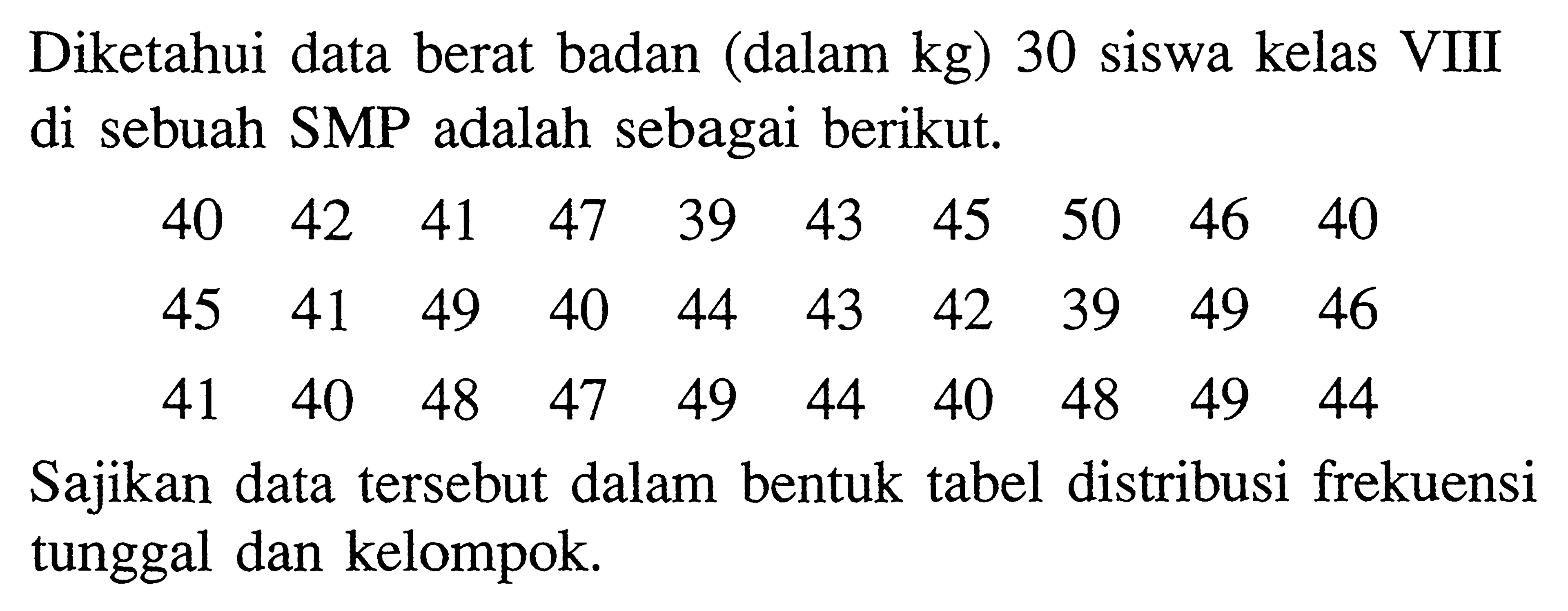 Diketahui data berat badan (dalam kg) 30 siswa kelas VIII di sebuah SMP adalah sebagai berikut. 40 42 41 47 39 43 45 50 46 40 45 41 49 40 44 43 42 39 49 46 41 40 48 47 49 44 40 48 49 44 Sajikan data tersebut dalam bentuk tabel distribusi frekuensi tunggal dan kelompok.