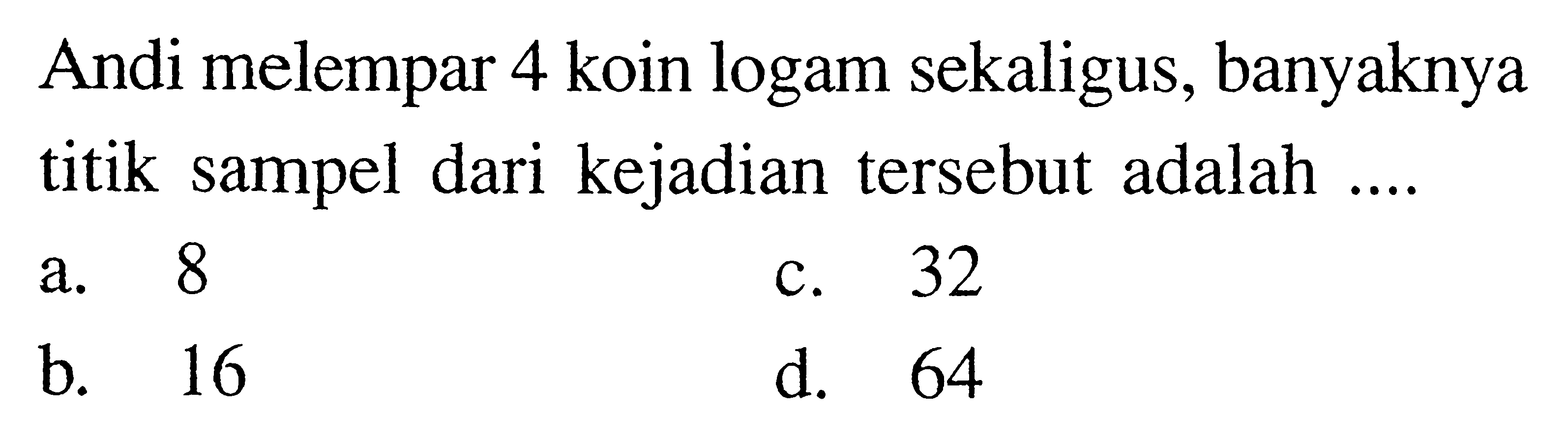 Andi melempar 4 koin logam sekaligus, banyaknya titik sampel dari kejadian tersebut adalah ....