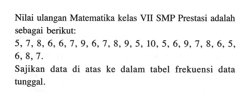 Nilai ulangan Matematika kelas VII SMP Prestasi adalah sebagai berikut: 5,7,8,6,6,7,9,6,7,8,9,5,10,5,6,9,7,8,6,5 ,  6,8,7 .Sajikan data di atas ke dalam tabel frekuensi data tunggal.