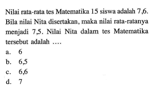 Nilai rata-rata tes Matematika 15 siswa adalah  7,6 .  Bila nilai Nita disertakan, maka nilai rata-ratanya menjadi 7,5. Nilai Nita dalam tes Matematika tersebut adalah ....