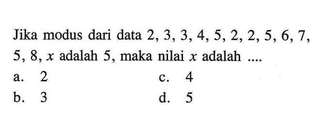 Jika modus dari data 2,3,3,4,5,2,2,5,6,7, 5,8, x adalah 5, maka nilai x adalah ....