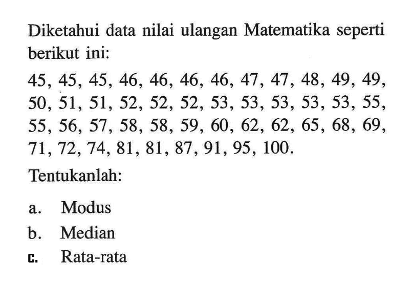 Diketahui data nilai ulangan Matematika seperti berikut ini:45,45,45,46,46,46,46,47,47,48,49,49,50,51,51,52,52,52,53,53,53,53,53,55,55,56,57,58,58,59,60,62,62,65,68,69,71,72,74,81,81,87,91,95,100.Tentukanlah:a. Modusb. Medianc. Rata-rata