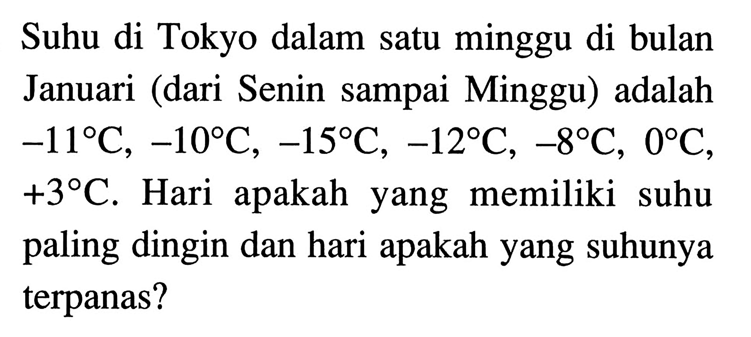 Suhu di Tokyo dalam satu minggu di bulan Januari (dari Senin sampai Minggu) adalah -11 C, -10 C, -15 C, -12 C, -8 C, 0 C, +3 C. Hari  apakah memiliki suhu yang paling dingin dan hari apakah yang suhunya terpanas?