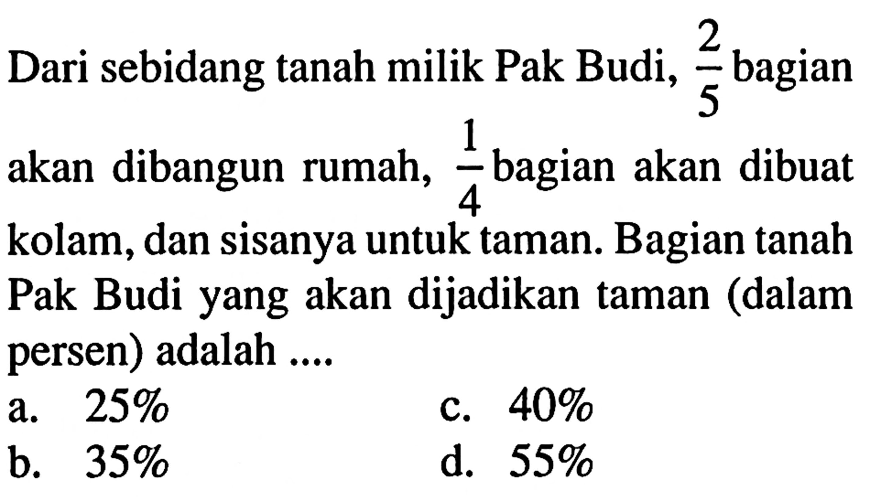 Dari sebidang tanah milik Pak Budi, 2/5 bagian akan dibangun rumah, 1/4 bagian akan dibuat kolam, dan sisanya untuk taman. Bagian tanah Pak Budi akan dijadikan taman (dalam persen) adalah .....