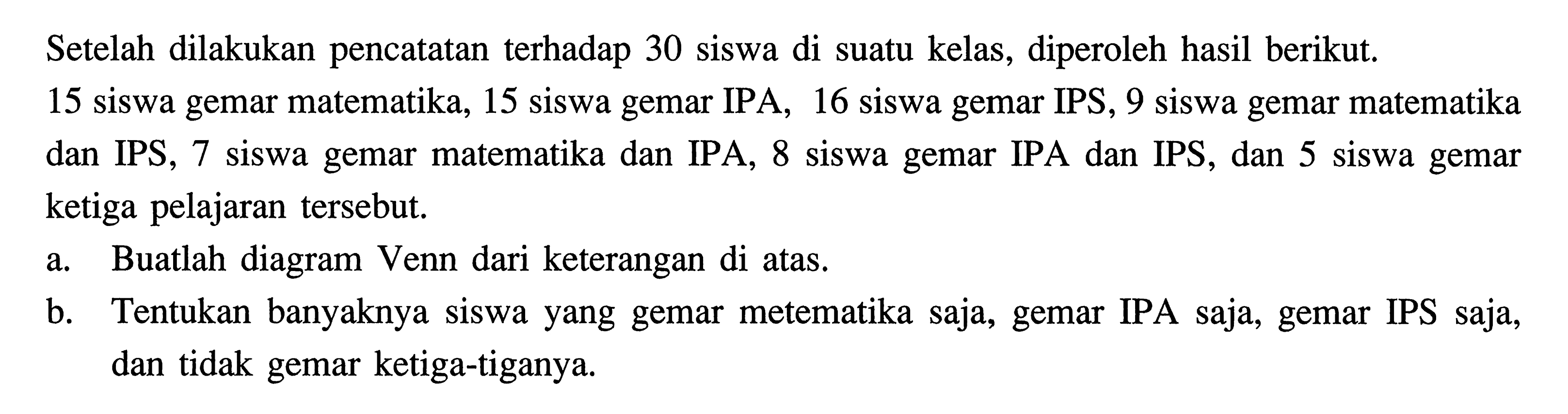 Setelah dilakukan pencatatan terhadap 30 siswa di suatu kelas, diperoleh hasil berikut 15 siswa gemar matematika, 15 siswa gemar IPA, 16 siswa gemar IPS , 9 siswa gemar matematika dan IPS, 7 siswa gemar matematika dan IPA, 8 siswa gemar IPA dan IPS, dan 5 siswa gemar ketiga pelajaran tersebut. a. Buatlah diagram Venn dari keterangan di atas. b. Tentukan banyaknya siswa yang gemar metematika saja, gemar IPA saja, gemar IPS saja, dan tidak gemar ketiga-tiganya.