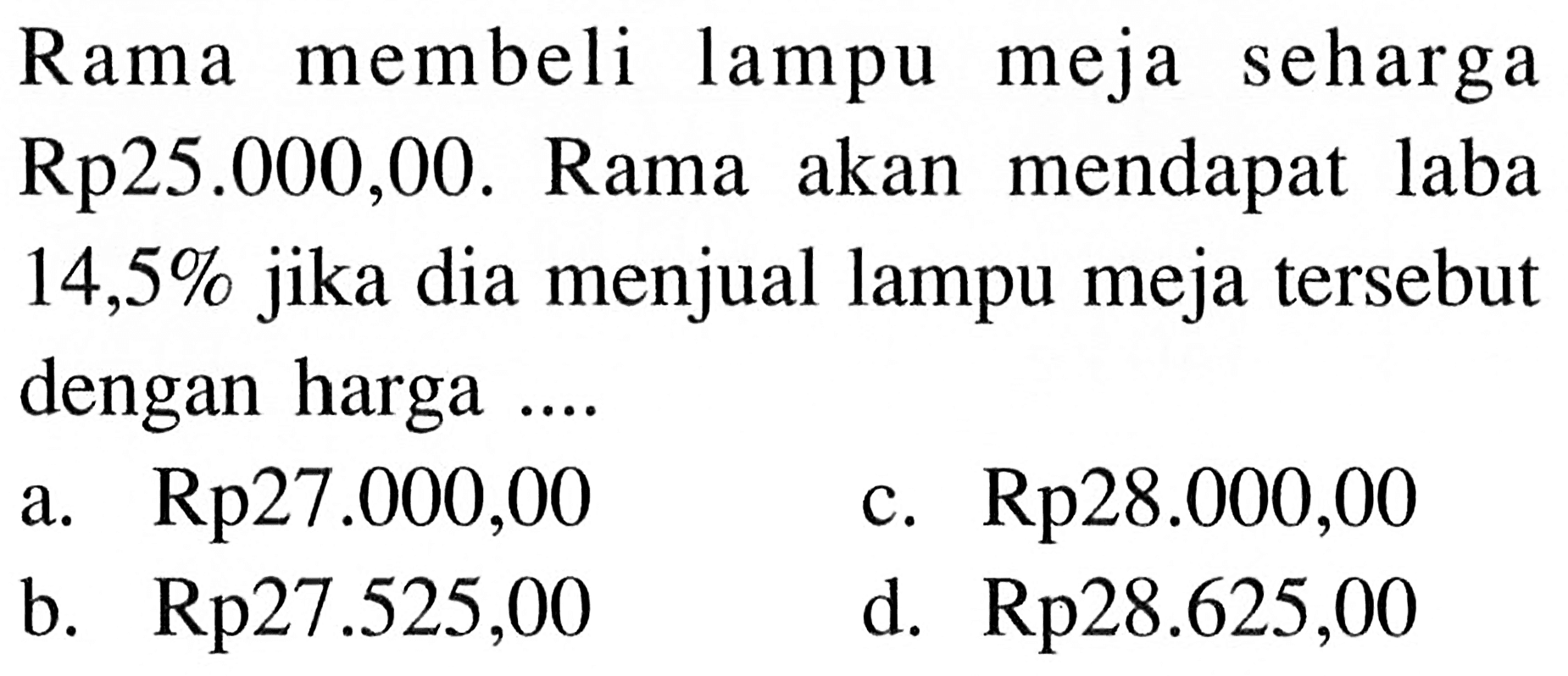 Rama membeli lampu meja seharga Rp. 25.000,00. Rama akan mendapat laba 14,5 % jika dia menjual lampu meja tersebut dengan harga ....