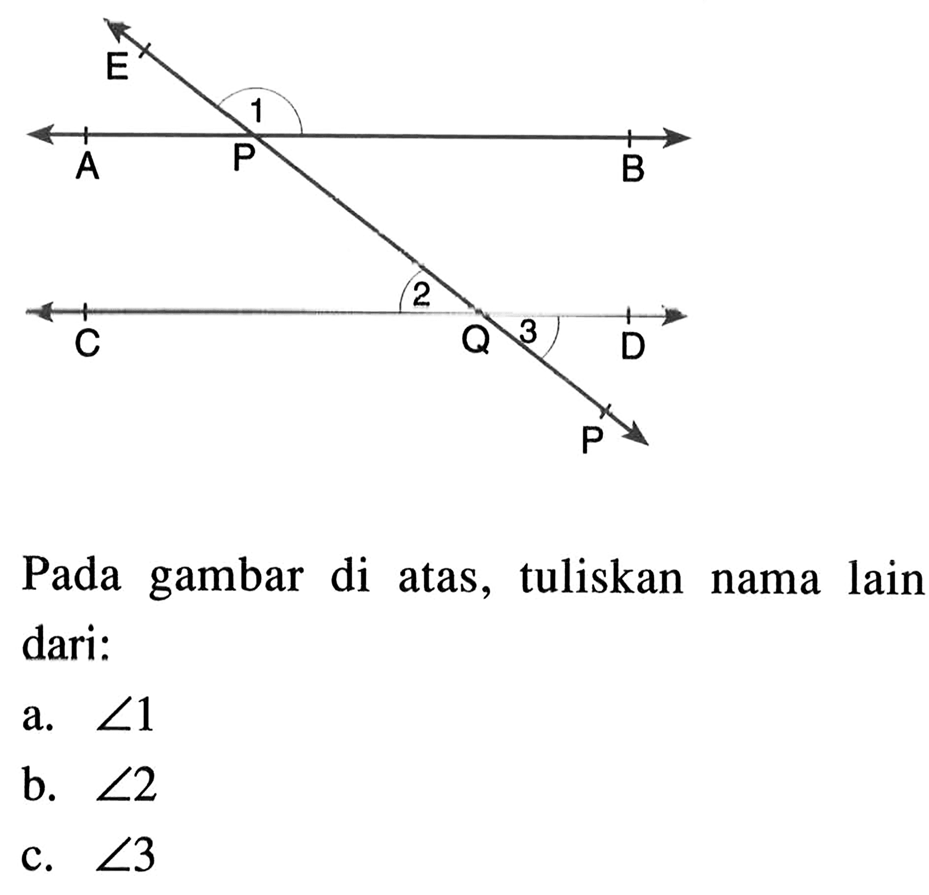 Pada gambar di atas, tuliskan nama lain dari:a.  sudut 1 b.  sudut 2 c.  sudut 3 