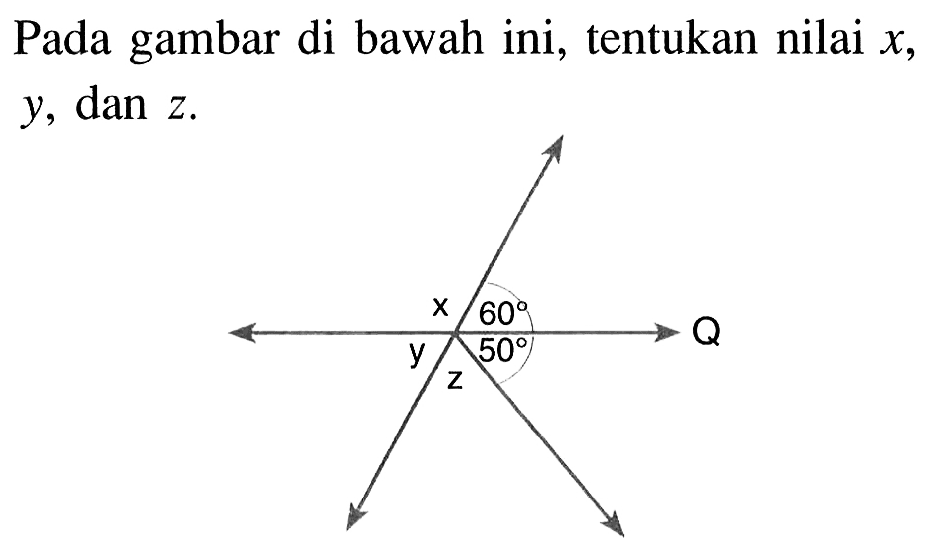 Pada gambar di bawah ini, tentukan nilai x, y, dan z. x 60 50 y z