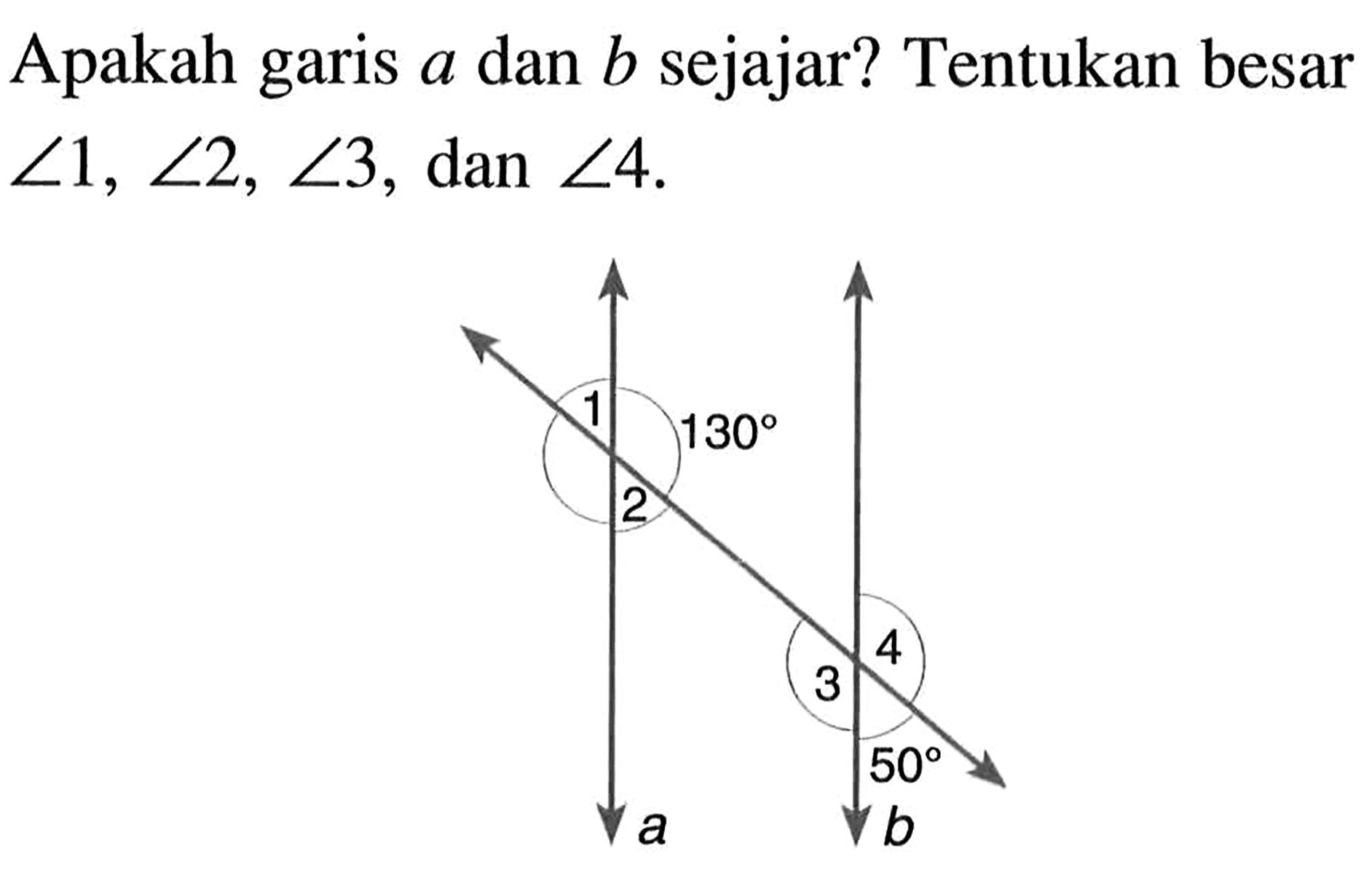 Apakah garis  a  dan  b  sejajar? Tentukan besar  sudut 1, sudut 2, sudut 3 , dan  sudut 4 .