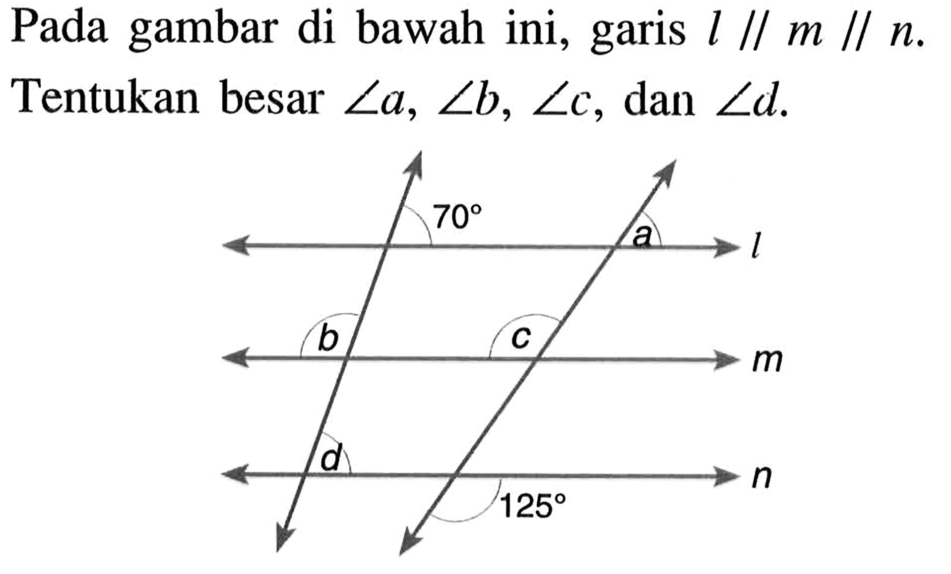 Pada gambar di bawah ini, garis  l // m // n . Tentukan besar  sudut a, sudut b, sudut c , dan  sudut d 70 a l b c m d 125 n