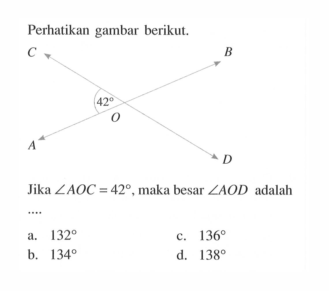 Perhatikan gambar berikut. 42 OJika sudut AOC=42, maka besar sudut AOD adalah  ...  