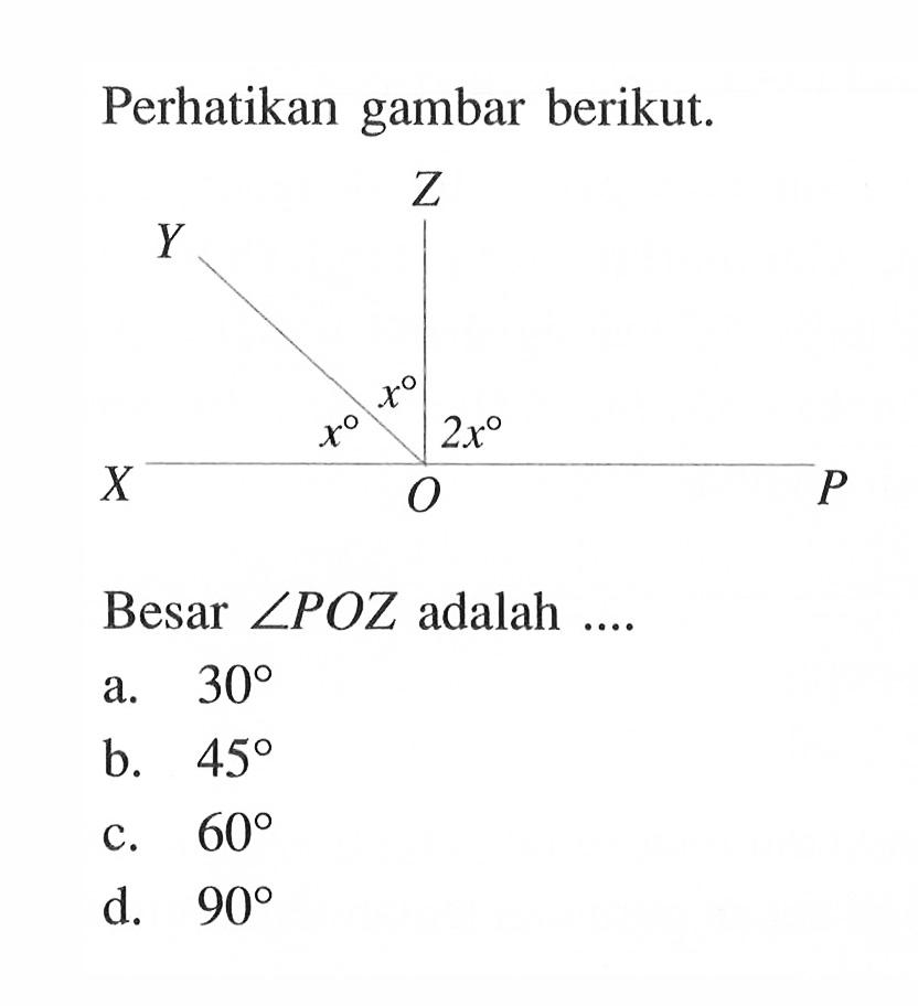 Perhatikan gambar berikut. Z Y x x 2x X O P. Besar  sudut POZ  adalah ...