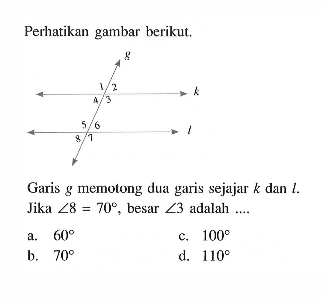 Perhatikan gambar berikut. Garis g memotong dua garis sejajar k dan l. Jika sudut 8=70, besar sudut 3  adalah.... g 1 2 4 3 k 5 6 8 7 l