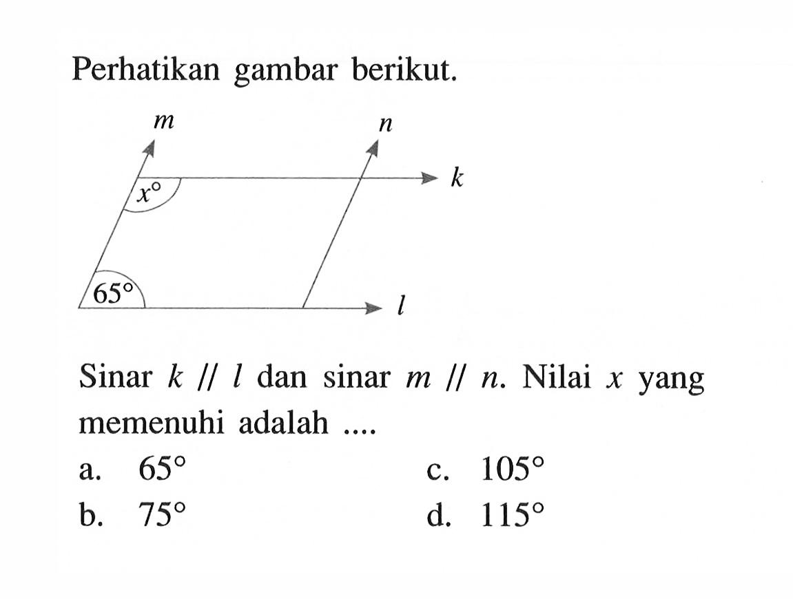 Perhatikan gambar berikut.Sinar k//l dan sinar m//n. Nilai x yang memenuhi adalah ....