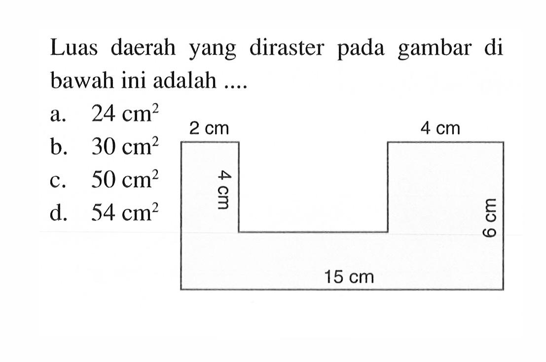 Luas daerah yang diraster pada gambar di bawah ini adalah .... 2 cm 4 cm 15 cm 4 cm 6 cm