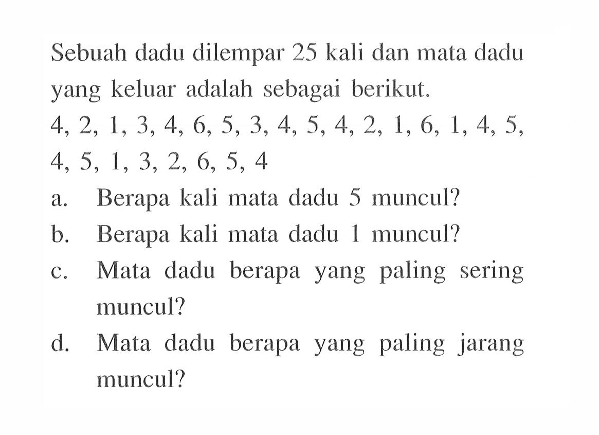 Sebuah dadu dilempar 25 kali dan mata dadu yang keluar adalah sebagai berikut.4,2,1,3,4,6,5,3,4,5,4,2,1,6,1,4,5, 4,5,1,3,2,6,5,4 a. Berapa kali mata dadu 5 muncul? b. Berapa kali mata dadu 1 muncul? c. Mata dadu berapa yang paling sering muncul? d. Mata dadu berapa yang paling jarang muncul?