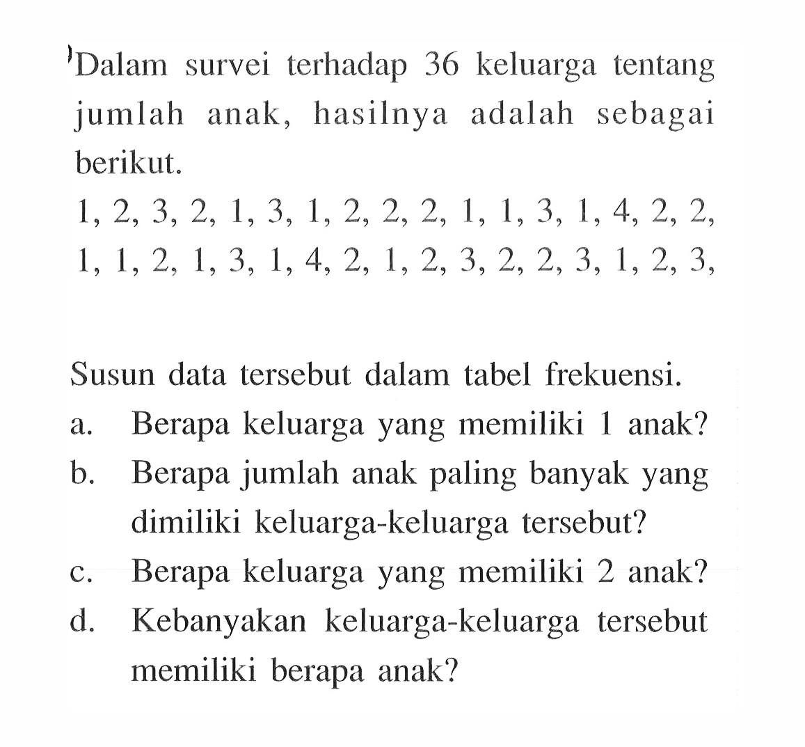 Dalam survei terhadap 36 keluarga tentang jumlah anak, hasilnya adalah sebagai berikut. 1,2,3,2,1,3,1,2,2,2,1,1,3,1,4,2,2,1,1,2,1,3,1,4,2,1,2,3,2,2,3,1,2,3, Susun data tersebut dalam tabel frekuensi. a. Berapa keluarga yang memiliki 1 anak? b. Berapa jumlah anak paling banyak yang dimiliki keluarga-keluarga tersebut? c. Berapa keluarga yang memiliki 2 anak? d. Kebanyakan keluarga-keluarga tersebut memiliki berapa anak? 