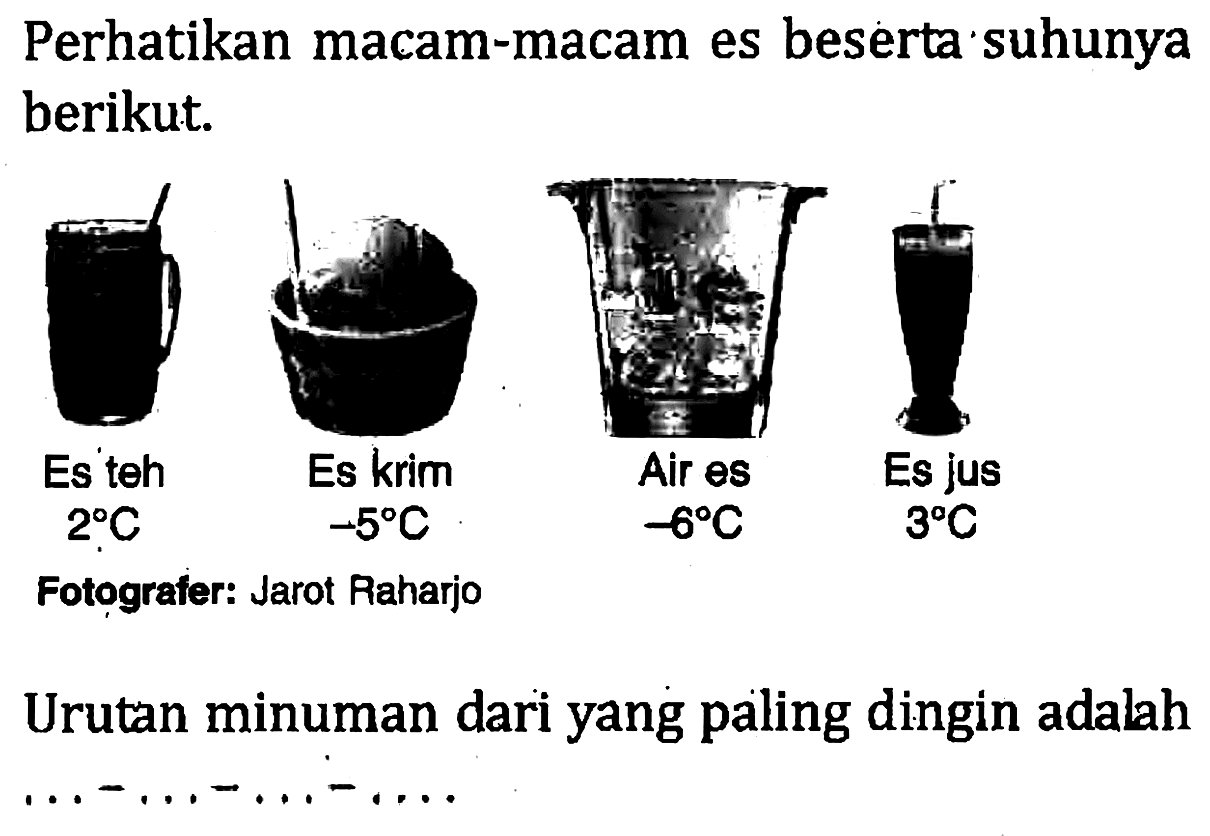 Perhatikan macam-macam es beserta suhunya berikut. Es teh 2 C Es krim -5 C Air es -6 C Es jus 3 C Urutan minuman dari yang paling dingin adalah ... - ... - ... - ...