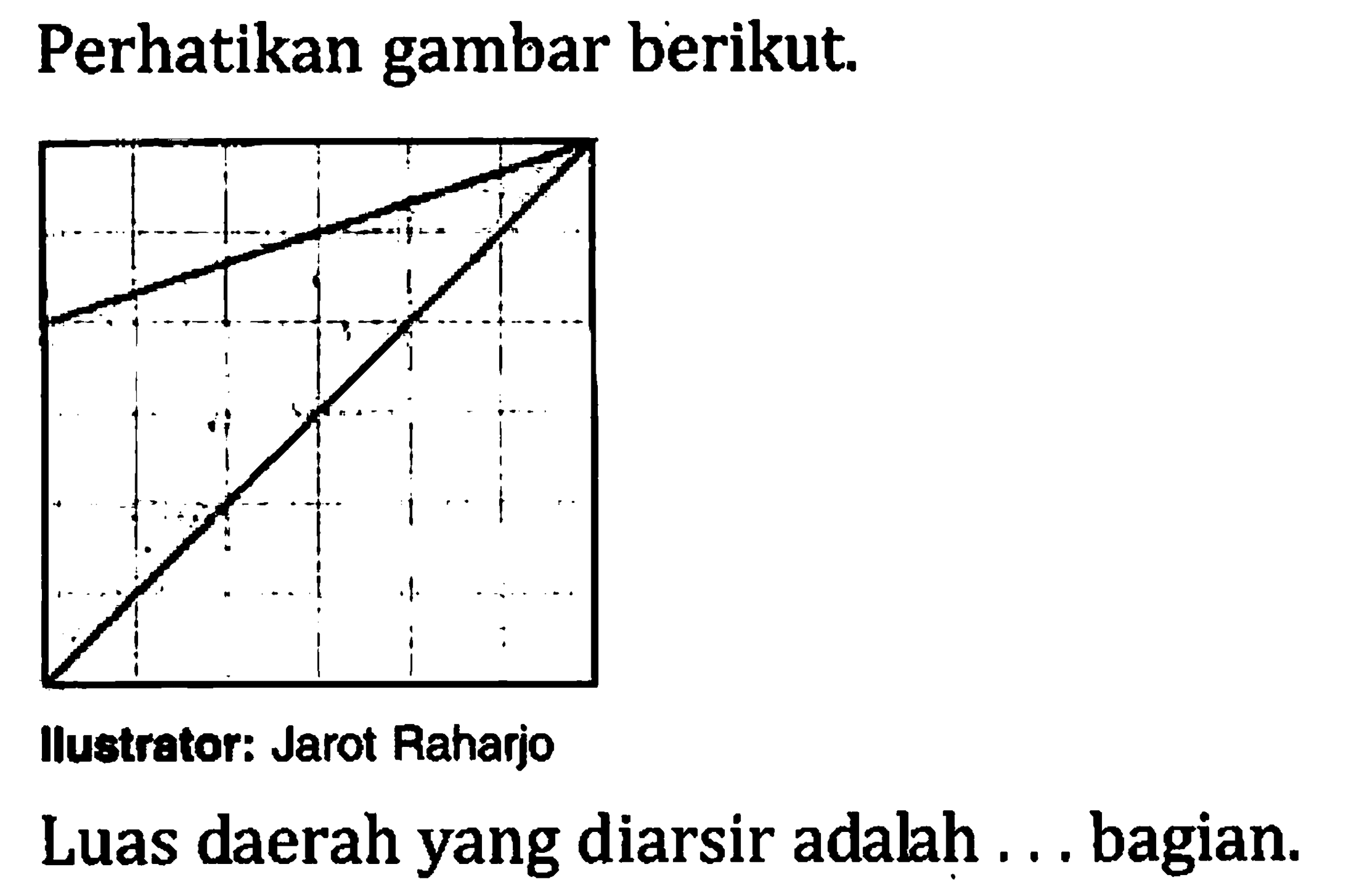 Perhatikan gambar berikut. llustrator: Jarot Raharjo Luas daerah yang diarsir adalah ... bagian. 