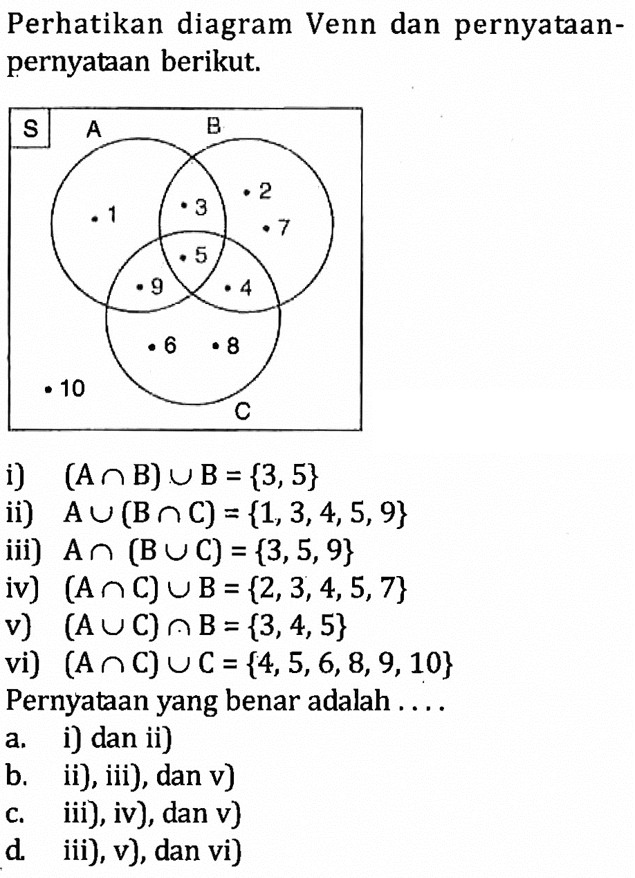 Perhatikan diagram Venn dan pernyataan- pernyataan berikut: Pernyataan yang benar adalah i) dan ii) b. ii), iii) , dan v) c. iii), iv), dan v) d. iii), v), dan vi)