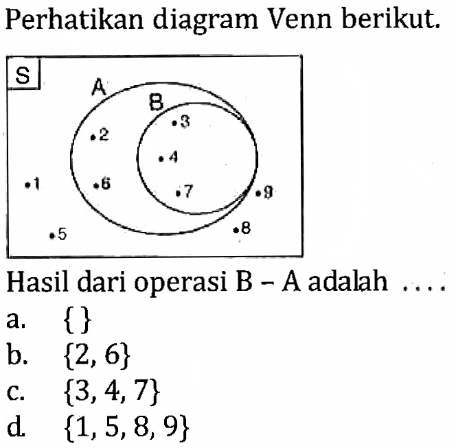 Perhatikan diagram Venn berikut. Hasil dari operasi B - A adalah a. { } b. { 2,6} c. {3, 4,7} d. {1, 5,8, 9}