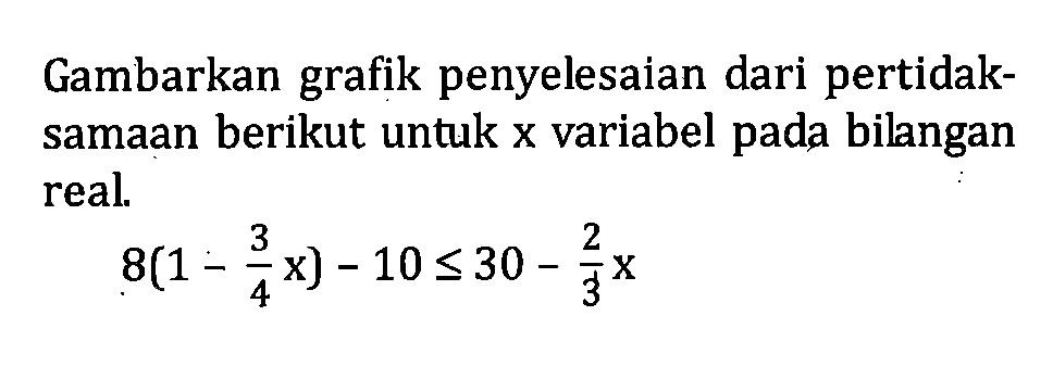 Gambarkan grafik penyelesaian dari pertidak-samaan berikut untuk x variabel pada bilangan real. 8(1 - 3/4x) - 10 <= 30 - 2/3x