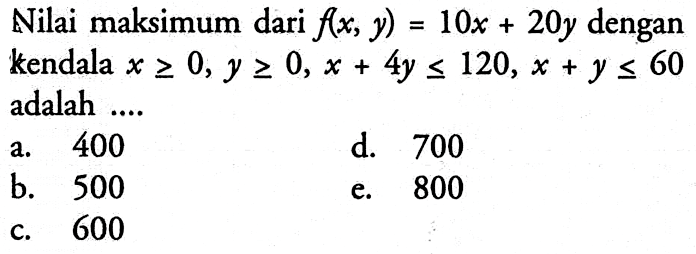 Nilai maksimum dari f(x, y) = 10x+20y dengan kendala x >= 0, y >= 0, x+4y <= 120, x+y <= 60 adalah