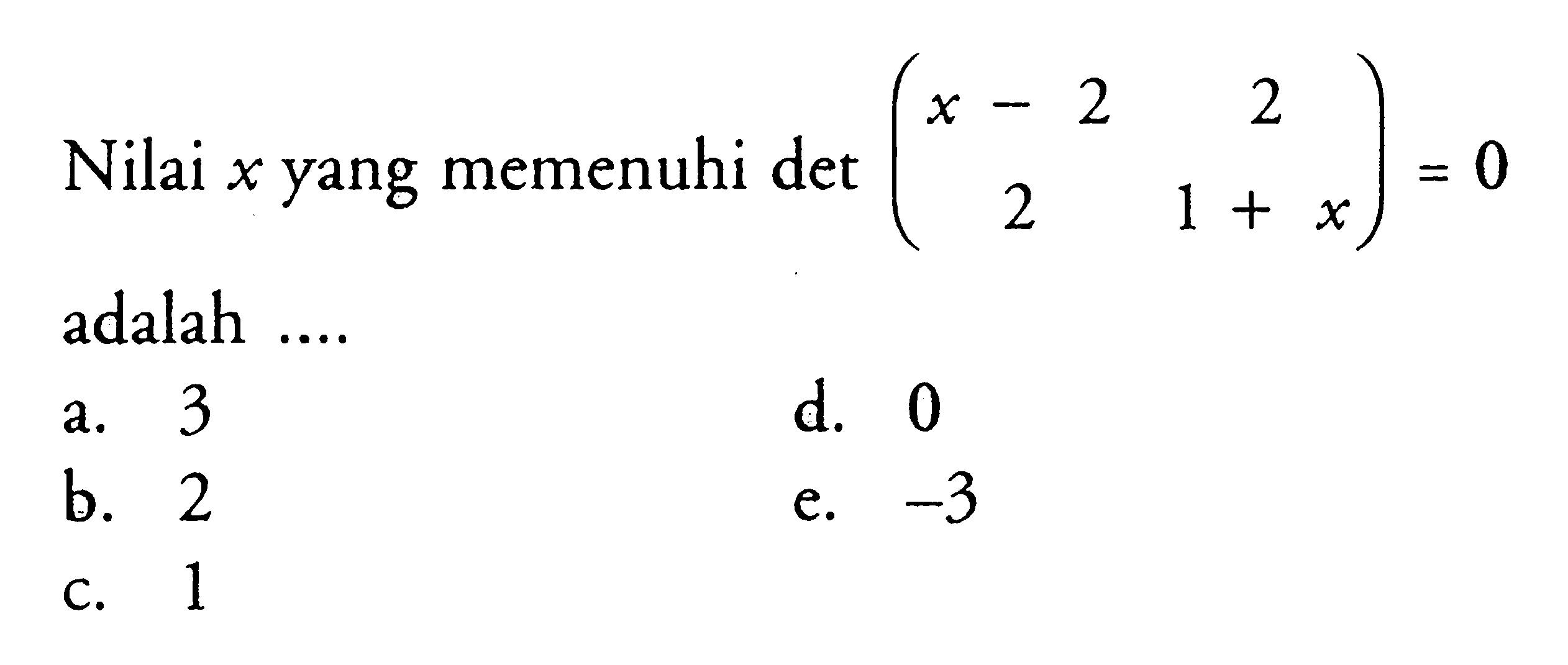 Nilai x yang memenuhi det (x-2 2 2 1+x) = 0 adalah