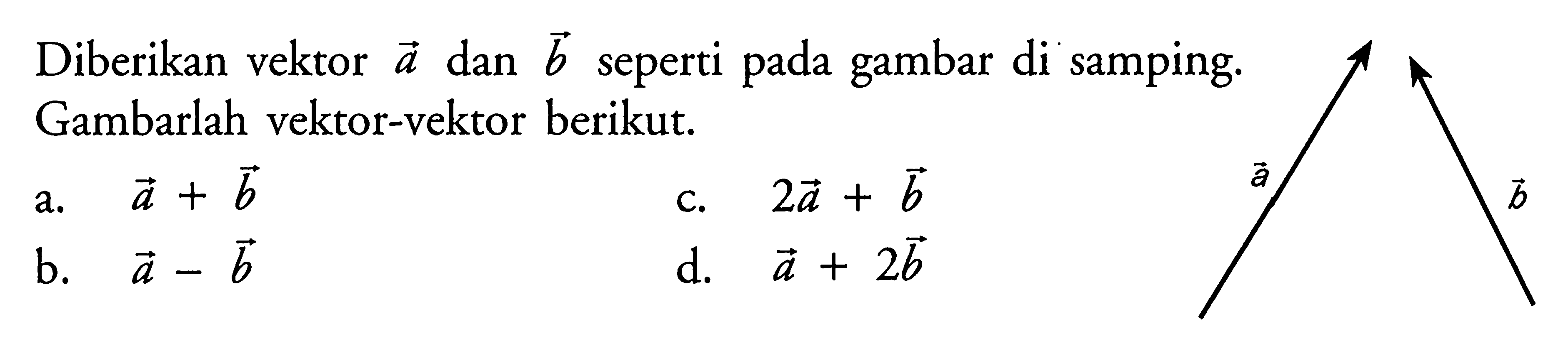 Diberikan vektor a dan vektor b seperti pada gambar di samping. Gambarlah vektor-vektor berikut. a. a+b b. a-b c. 2a+b d. a+2bd.   a+2 b 