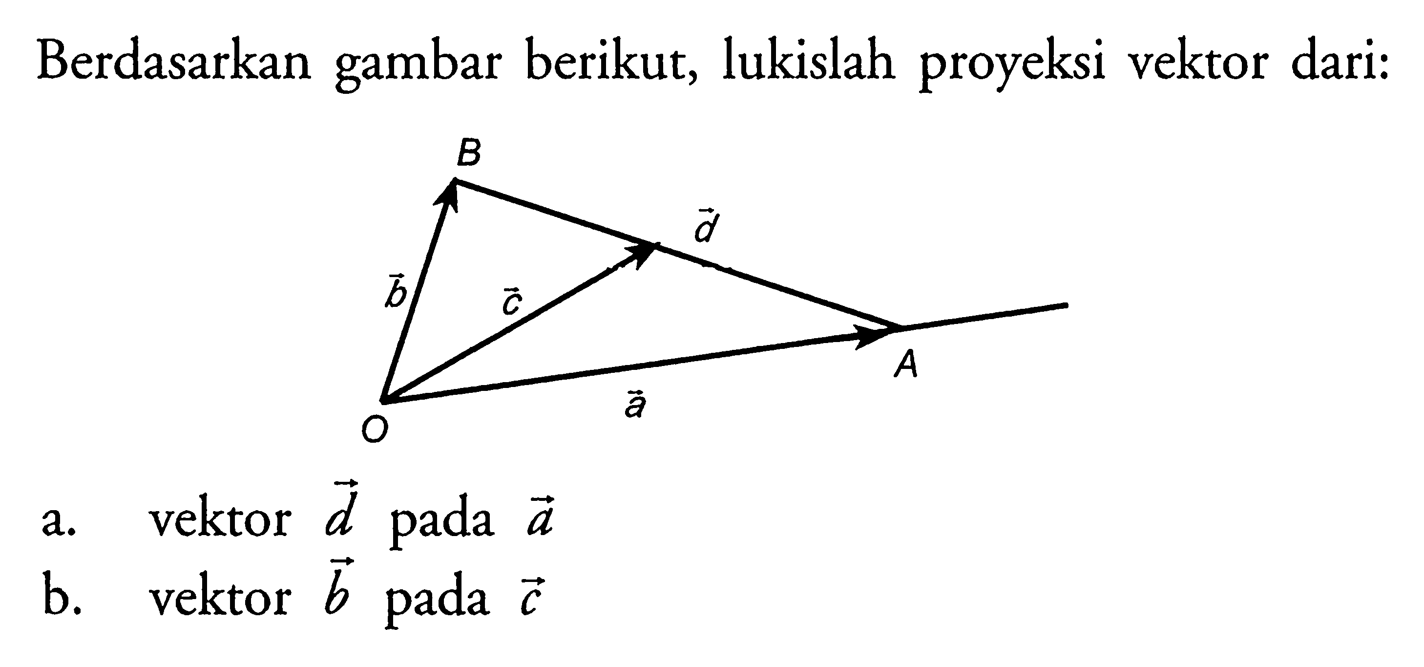 Berdasarkan gambar berikut, lukislah proyeksi vektor dari:B d b c A a O a. vektor d pada a b. vektor b pada c 