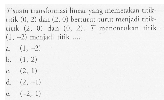 T suatu transformasi linear yang memetakan titik- titik (0, 2) dan (2, 0) berturut-turut menjadi titik- titik (2, 0) dan (0, 2) . T menentukan titik (1, -2) menjadi titik ....