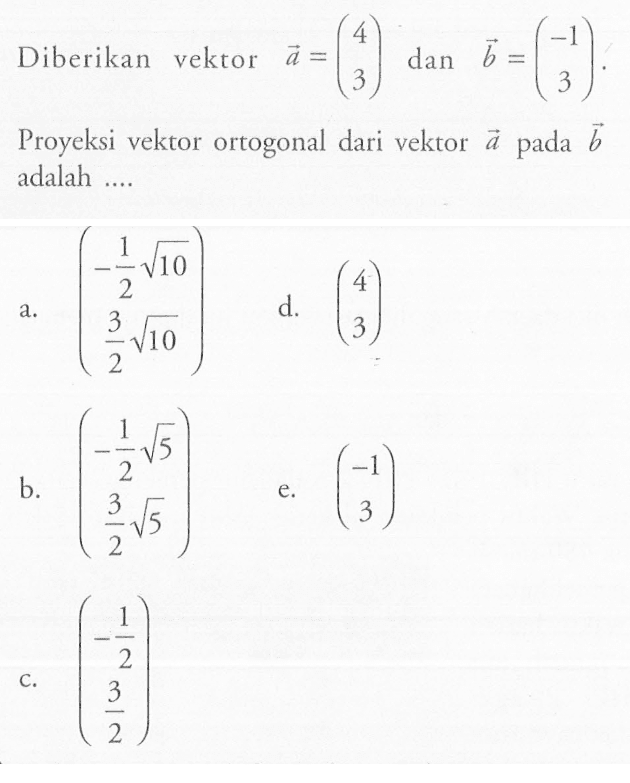 Diberikan vektor a=(4 3) dan b=(-1 3). Proyeksi vektor ortogonal dari vektor a pada vektor b adalah ....