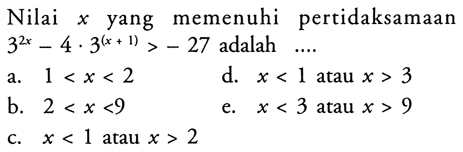 Nilai x yang memenuhi pertidaksamaan 3^(2x)-4.3^(x+1) > -27 adalah....