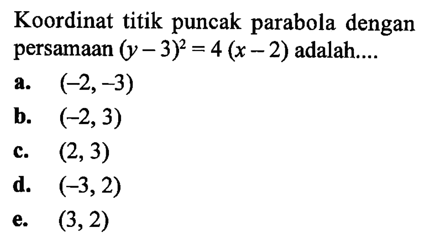 Koordinat titik puncak parabola dengan persamaan (y-3)^2=4(x-2) adalah....
