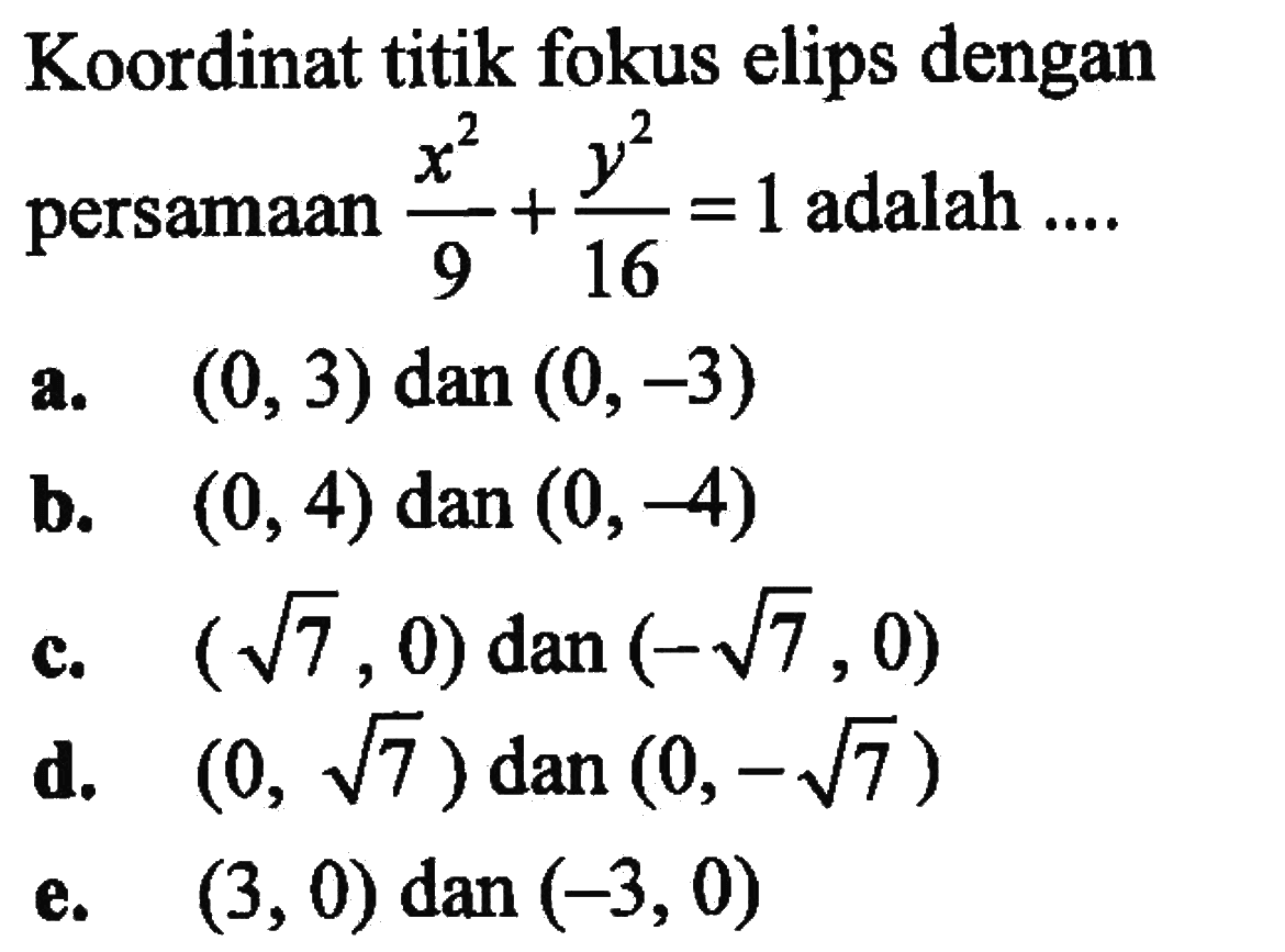 Koordinat titik fokus elips dengan persamaan x^2/9 + y^2/16 = 1 adalah