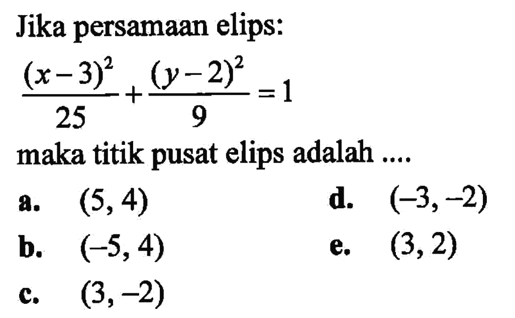 Jika persamaan elips: (x-3)^2/25+(y-2)^2/9=1 maka titik pusat elips adalah....