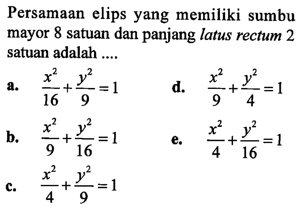 Persamaan elips yang memiliki sumbu mayor 8 satuan dan panjang latus rectum 2 satuan adalah ...