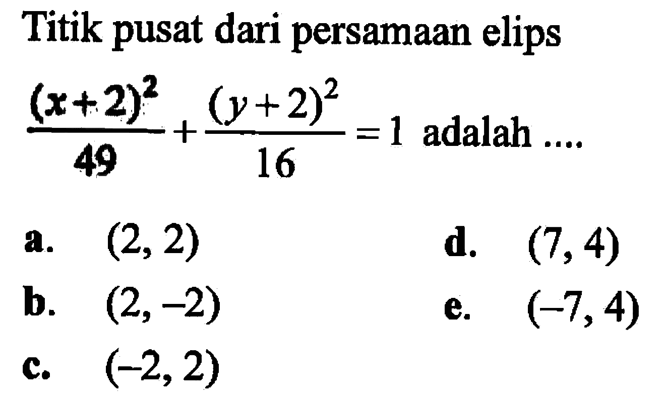 Titik pusat dari persamaan elips ((x+2)^2/49)+((y+2)^2/16)=1 adalah...