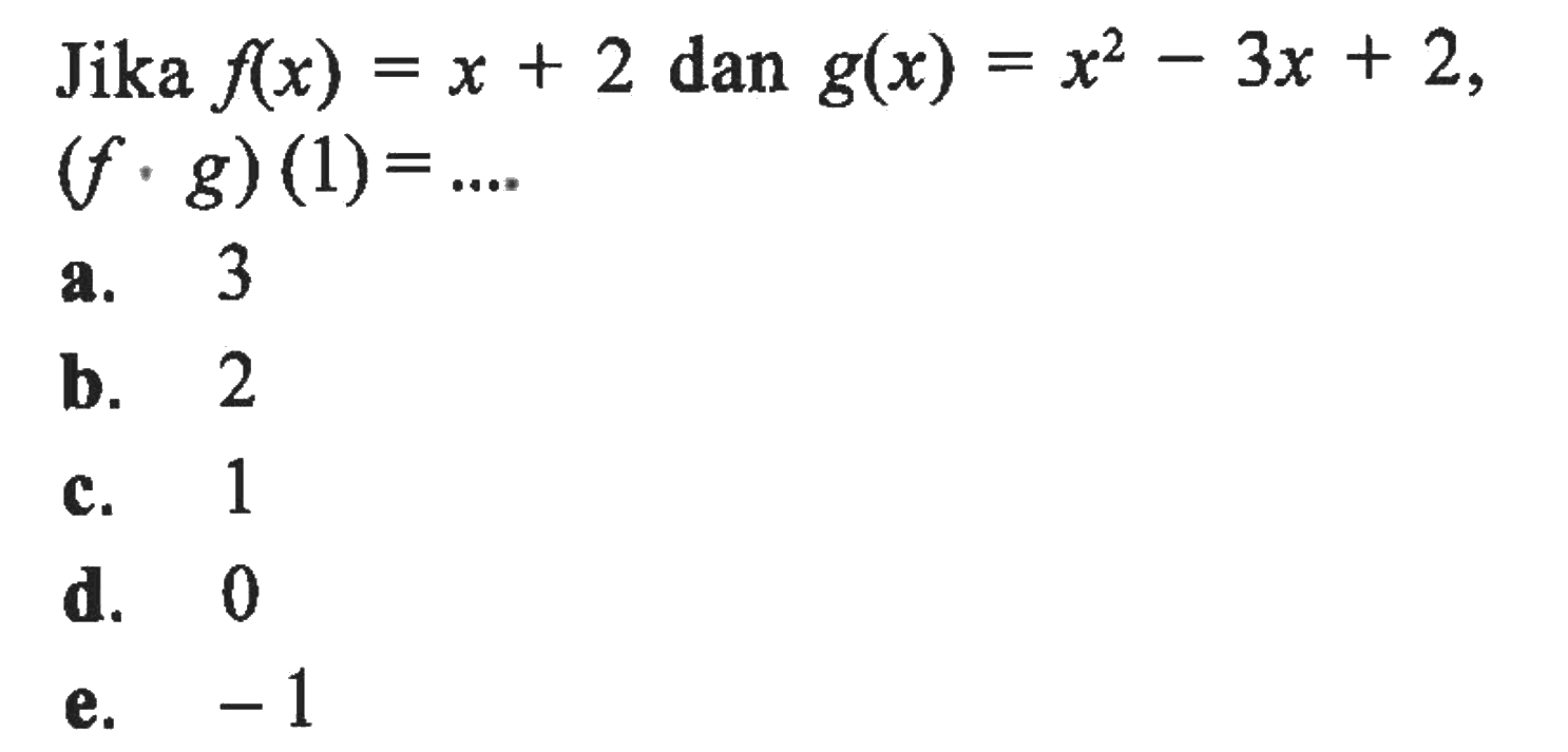 Jika f(x)=x+2 dan g(x)=3x+2, (f.g)(1)=...