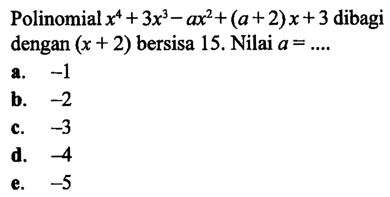 Polinomial x^4+3x^3-ax^2+(a+2)x+3 dibagi dengan (x+2) bersisa 15. Nilai a=...