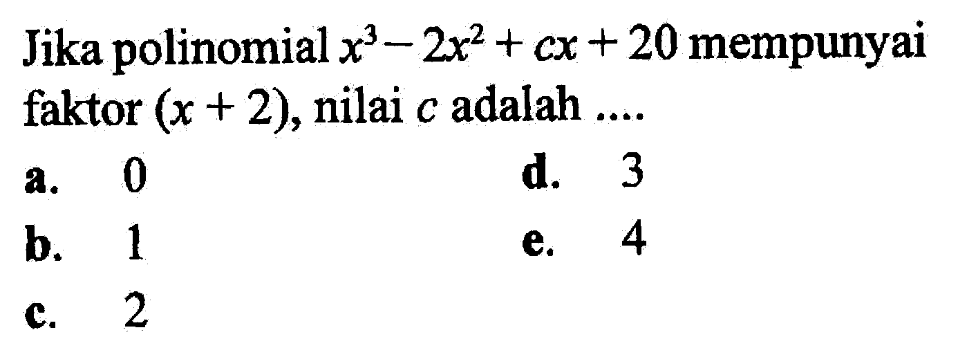 Jika polinomial x^3-2x^2+cx+20 mempunyai faktor (x+2), nilai c adalah ....