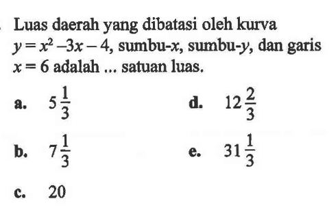 Luas daerah yang dibatasi oleh kurva y=x^2-3x-4, sumbu-x, sumbu-y, dan garis x=6 adalah ...satuan luas.