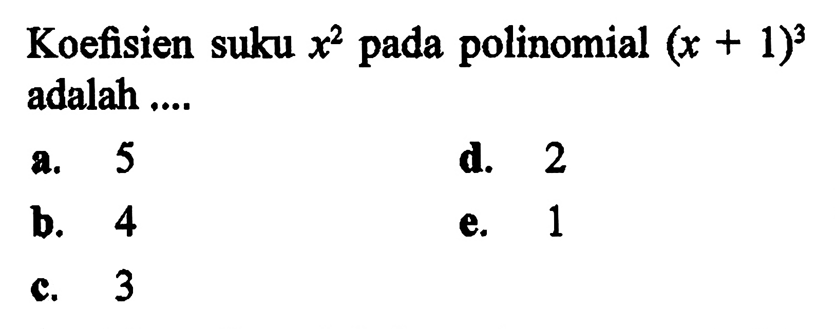 Koefisien suku x^2 pada polinomial (x+1)^3 adalah ....