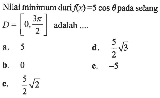 Nilai minimum dari f(x)=5cos theta pada selang D = [0,3pi/2] adalah .....